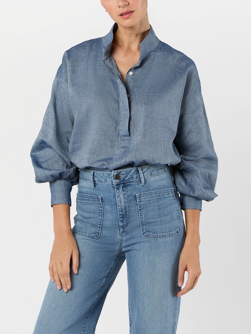 ANN MASHURN Anaya Popover Tunic Blouse Indigo Chambray Linen Cotton Relaxed XL